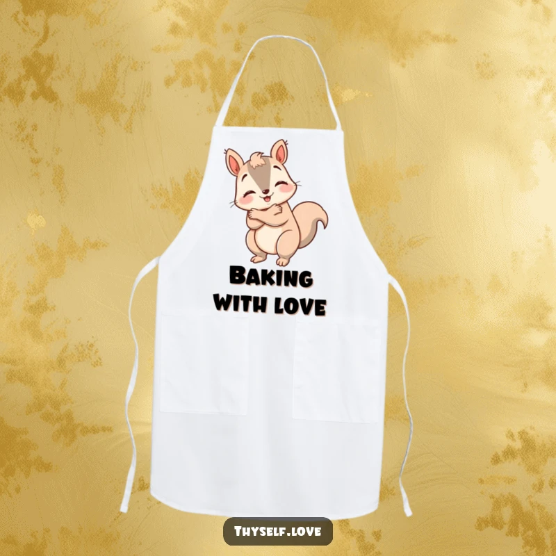 Funny happy squirrel apron, giving itself a big hug, adding a touch of self-love to kitchen tasks. A humorous accessory.