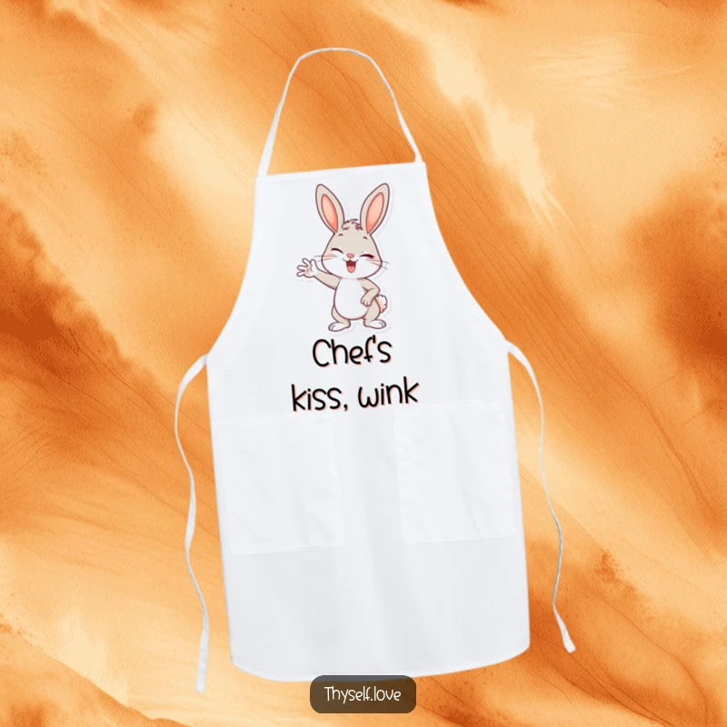 Funny apron with a cheerful bunny striking a confident pose and winking, ready to add flair to cooking.