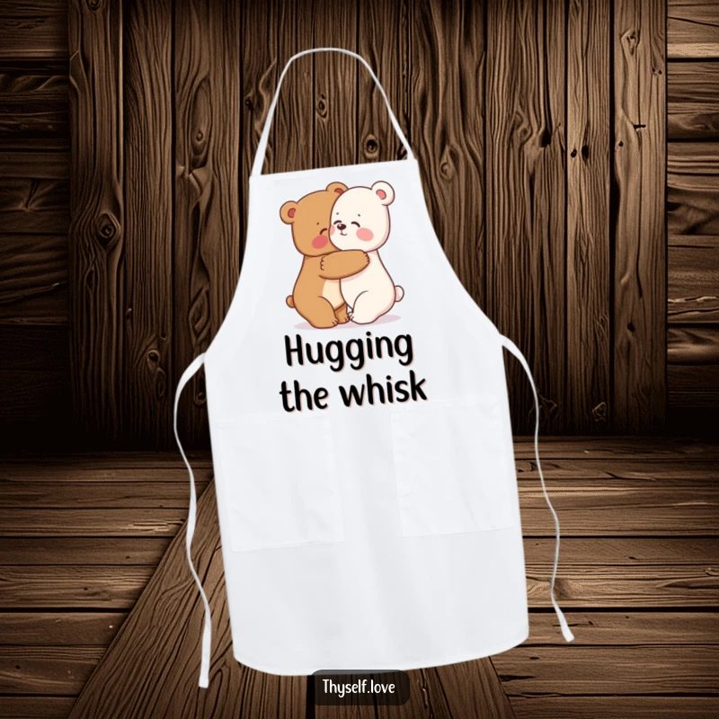 Funny bear apron with a happy bear character giving a warm hug to its reflection, perfect for a cozy kitchen.