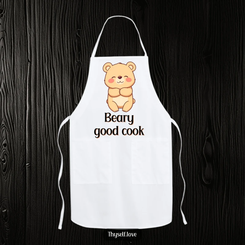 Funny apron with a happy bear character giving itself a hug, perfect for kitchen tasks and baking.