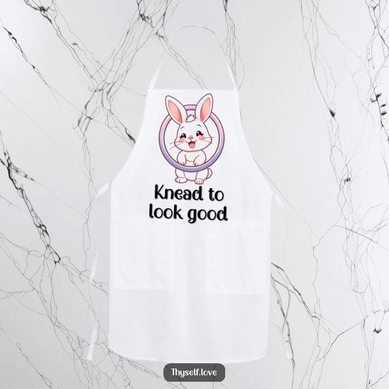 Funny apron with a cute bunny admiring itself in a mirror, perfect for adding style to cooking.