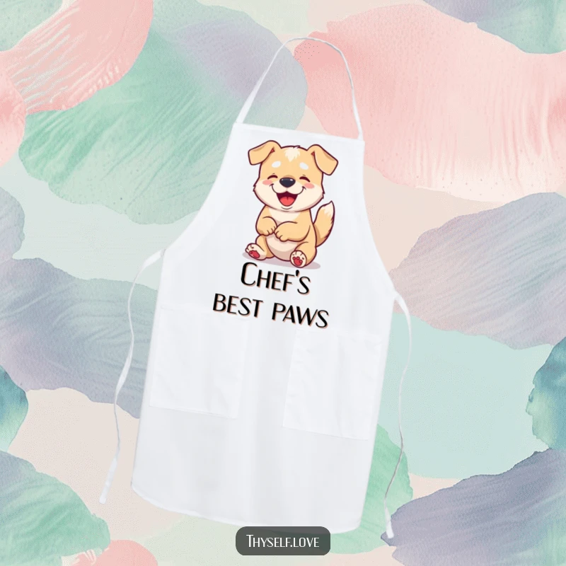 Funny apron featuring a content dog wagging its tail while looking at its paws, perfect for a joyful cooking experience.