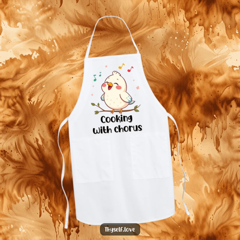 Funny apron with a contented bird singing a joyful song, perfect for a cheerful and humorous cooking experience.