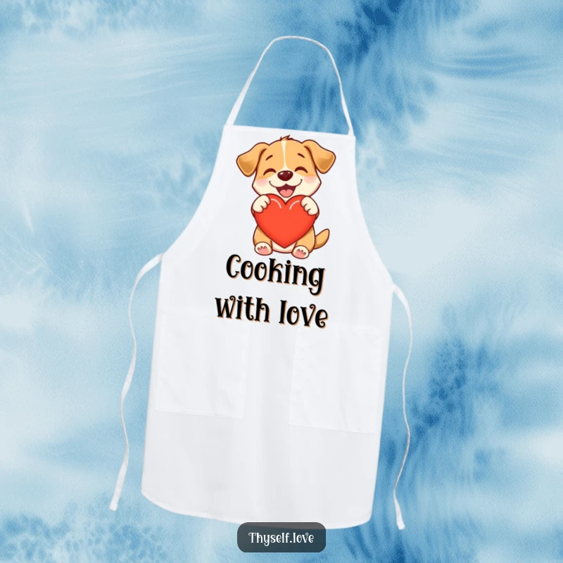 Funny apron with a happy dog hugging a heart, radiating warmth and bringing a smile to the kitchen.