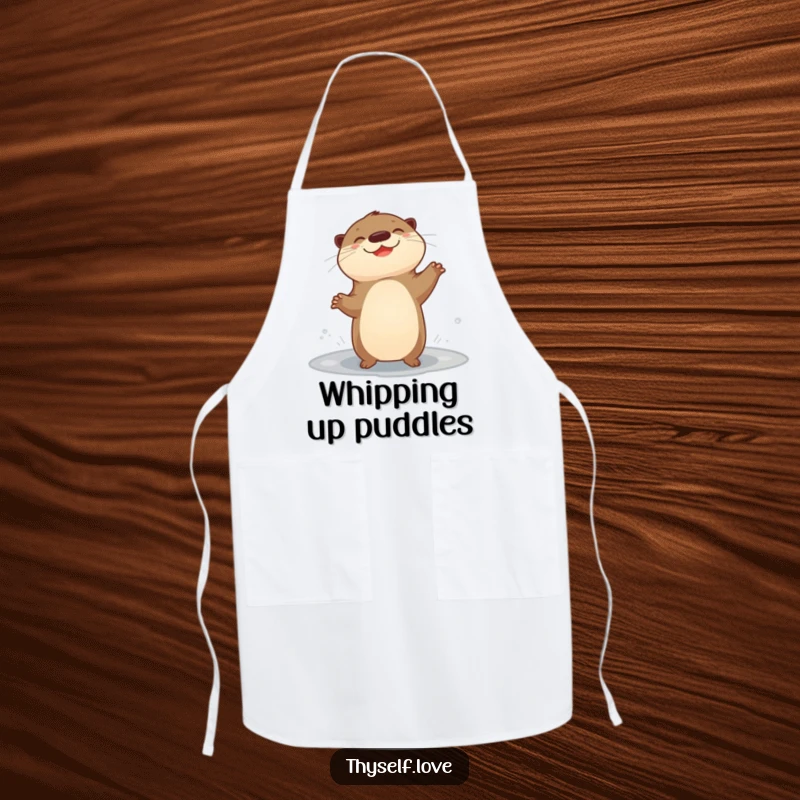 Funny apron featuring a giggling otter doing a happy dance by a puddle, perfect for a joyful cooking experience.