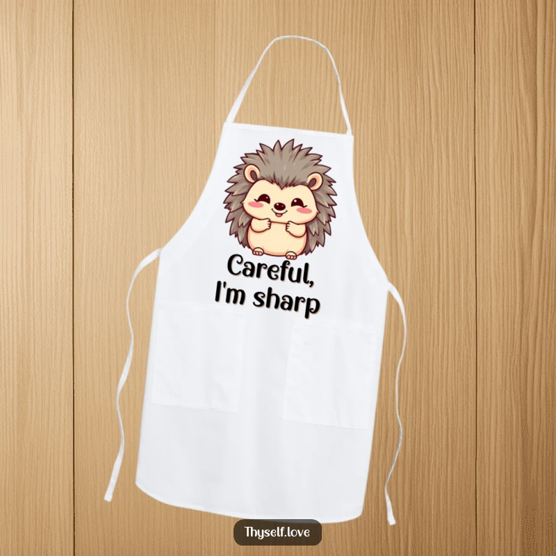 Funny apron with a happy hedgehog fluffing its quills with a smile, ideal for a cheerful and humorous cooking experience.