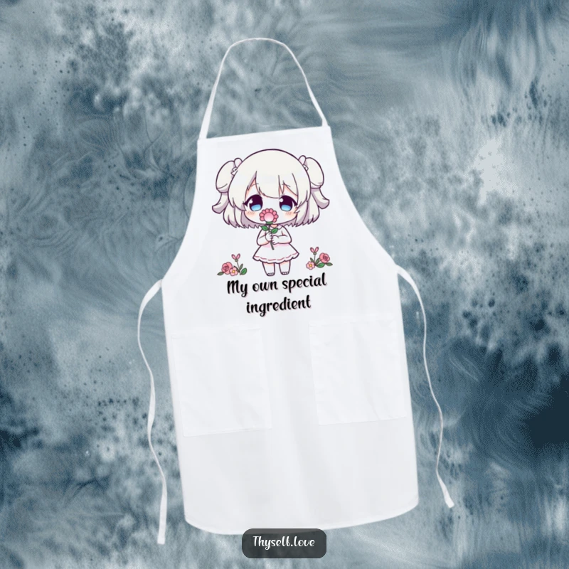 Funny Apron: Character presenting a flower to its own outline, a humorous culinary companion for self-love.