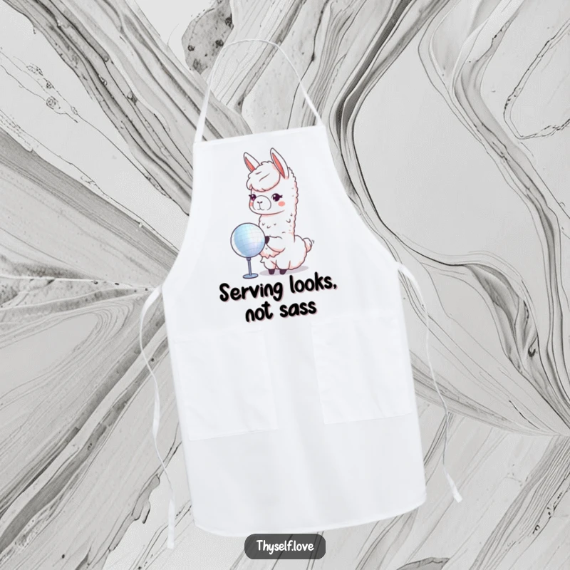 Funny llama apron showing a confident llama admiring its reflection in a disco ball, ready for kitchen disco fun.