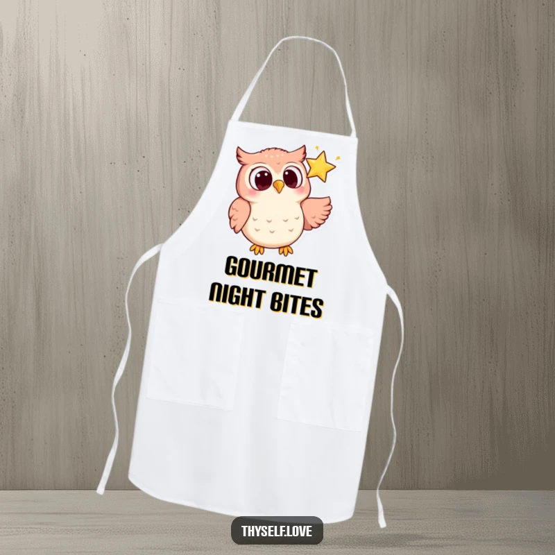 Funny apron with a joyful owl, eyes wide, looking lovingly at a sparkling star, perfect for a magical kitchen.