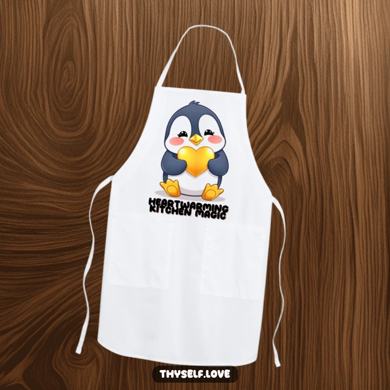 Funny Apron: A cheerful penguin polishes a golden heart, adding a touch of love and humor to your cooking attire.