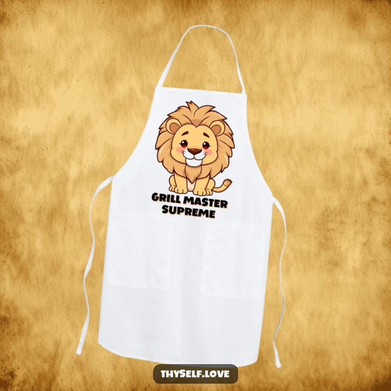 Funny apron, proud lion smoothing mane, confident cooking, majestic kitchen style, practical and bold, great funny gift.