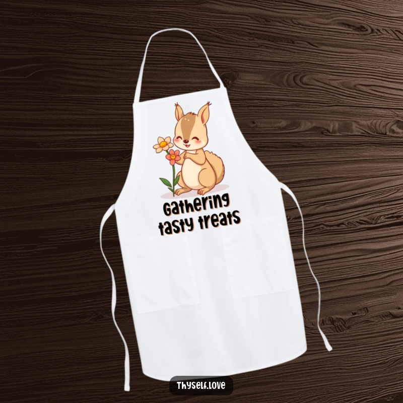 Funny apron with a squirrel offering a flower to its reflection, ideal for outdoor activities or cooking.