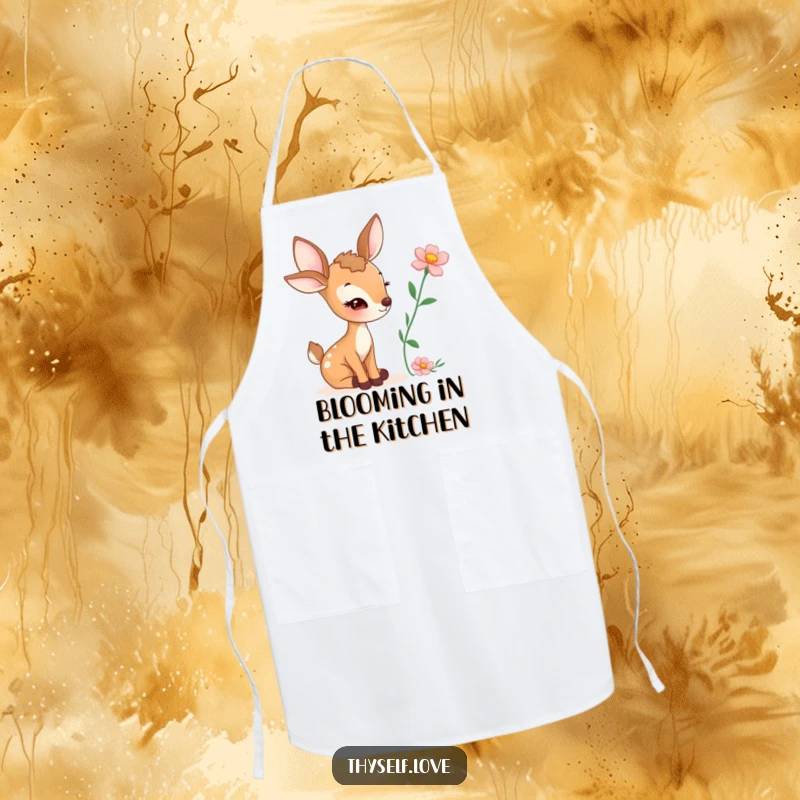 Funny apron featuring a winking deer holding a flower, ideal for kitchen tasks with a humorous twist.