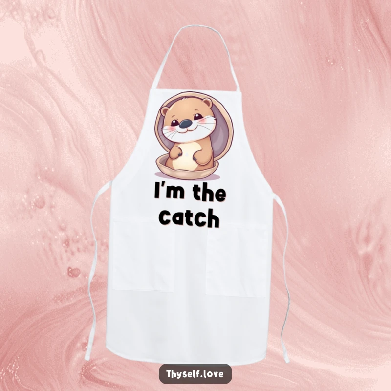 Funny apron with a delighted otter admiring its own reflection in a shiny shell, ready to cook with flair.