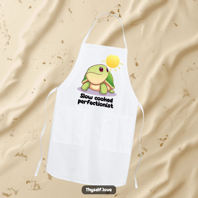 Funny apron with a serene turtle basking in a sunbeam, perfect for kitchen tasks and outdoor grilling. Hilariously practical for chefs.