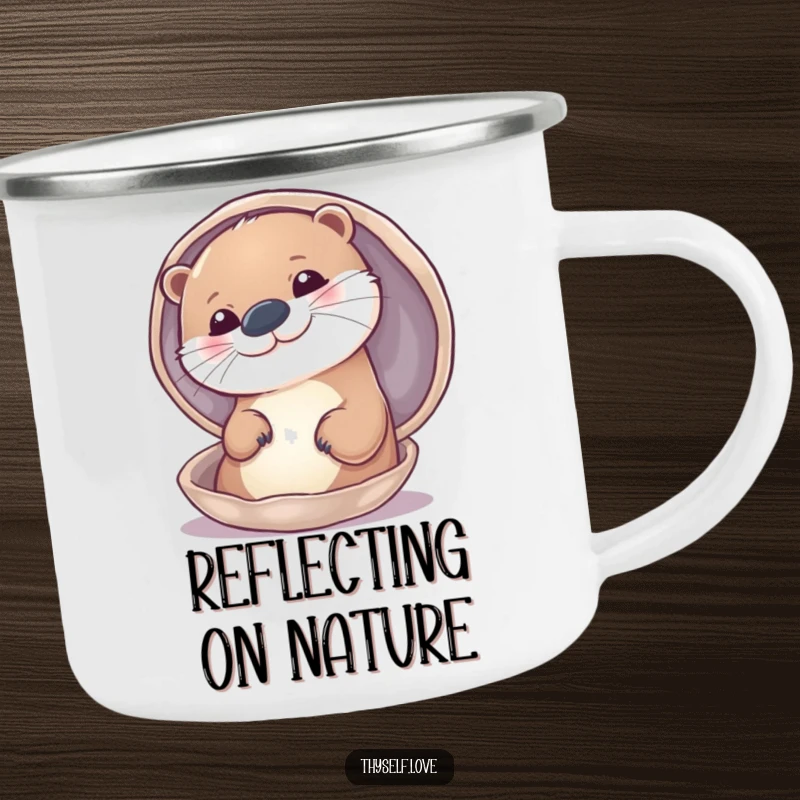 Funny camping mug with a happy otter admiring its reflection in a shell, perfect for outdoor enthusiasts.