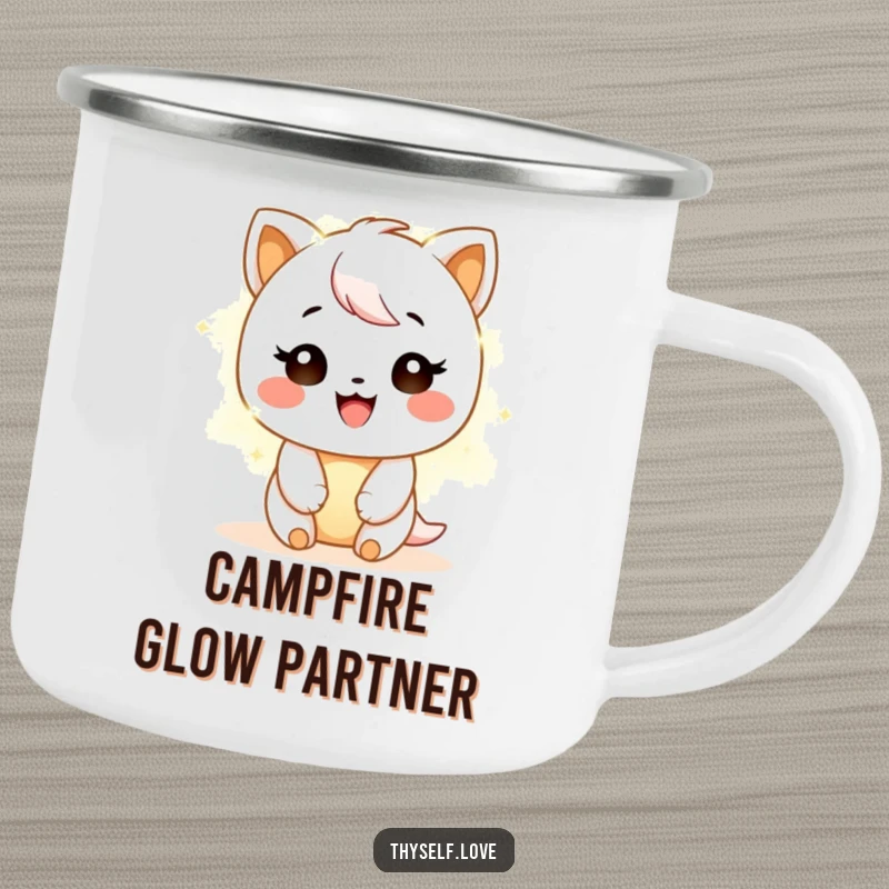 Funny Camping Mug: A cheerful character glows warmly in the outdoors, a humorous and comforting vessel.