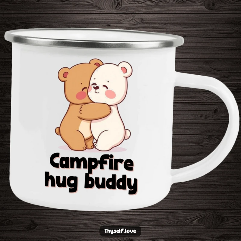 Funny bear camping mug with a happy bear character hugging its reflection, perfect for cozy outdoor adventures.