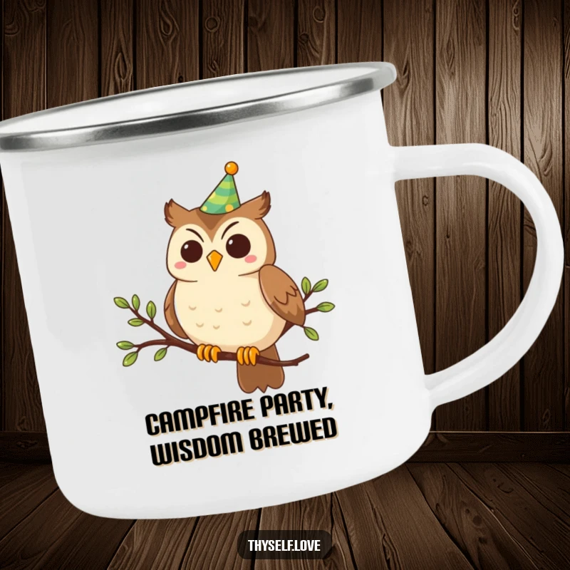 Funny Camping Mug: A smiling owl wearing a party hat sits atop a branch, ready for campfire stories and warm drinks.