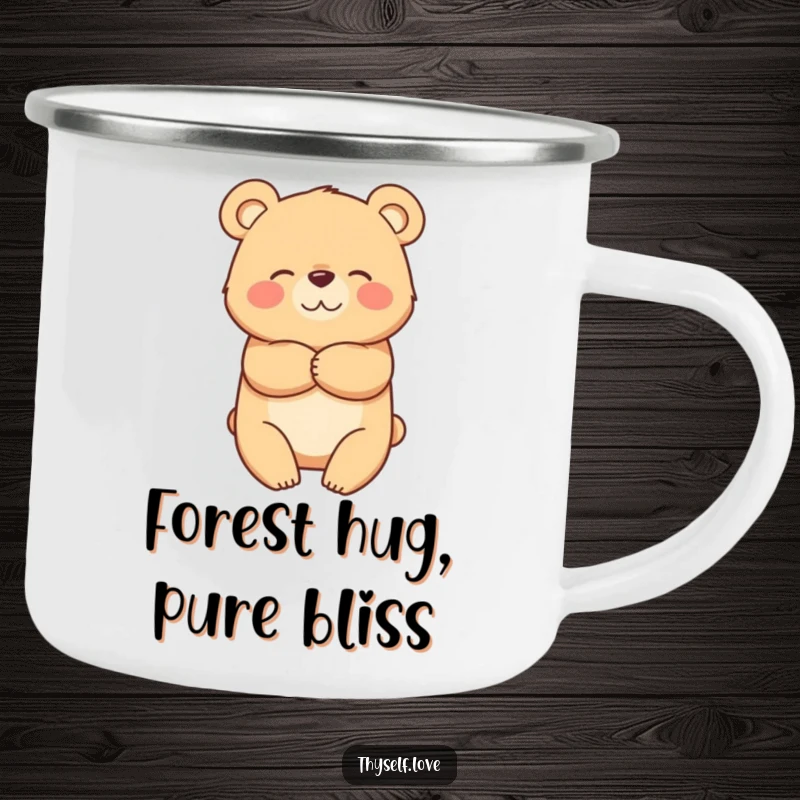 Funny camping mug showing a bear character hugging itself, perfect for hot beverages during outdoor adventures.