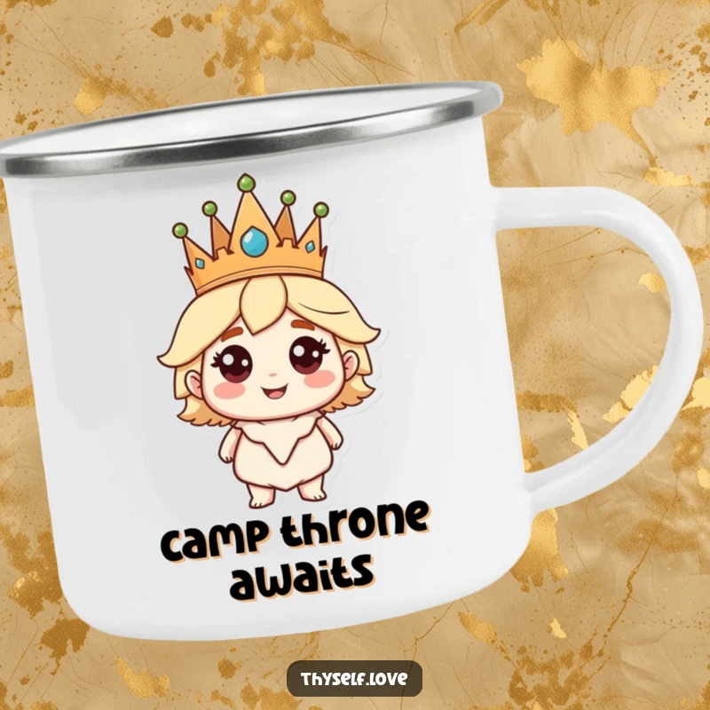 Funny Camping Mug: A crowned character smiles with self-assurance, a humorous and durable companion for any quest.