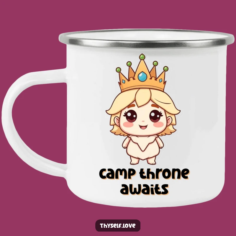 Funny Camping Mug: Crowned Character, Confident Smile