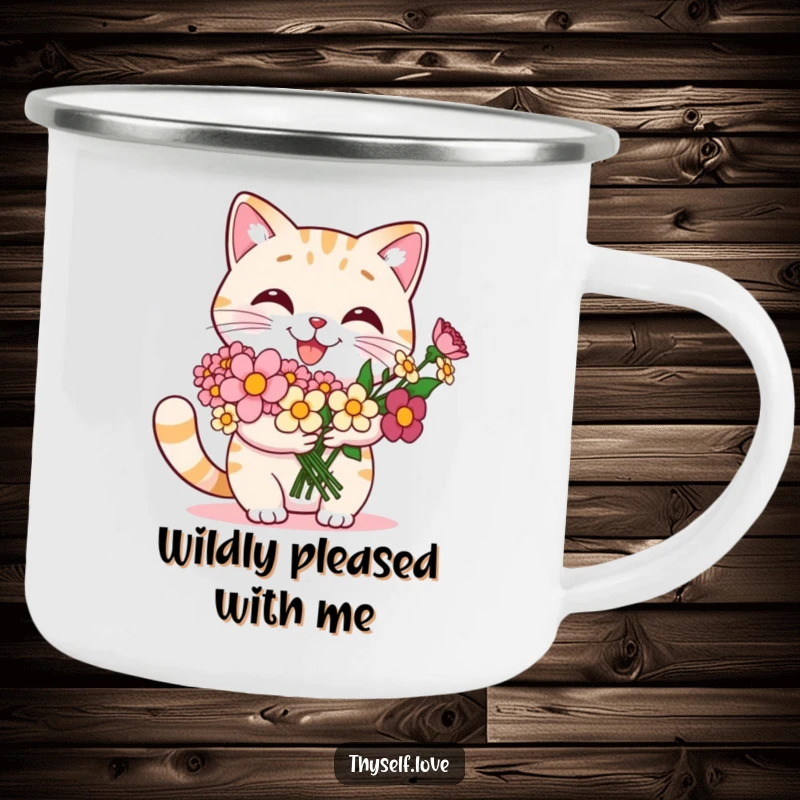 Funny cat camping mug with a smiling cat proudly holding flowers, ideal for outdoor excursions and self-appreciation.