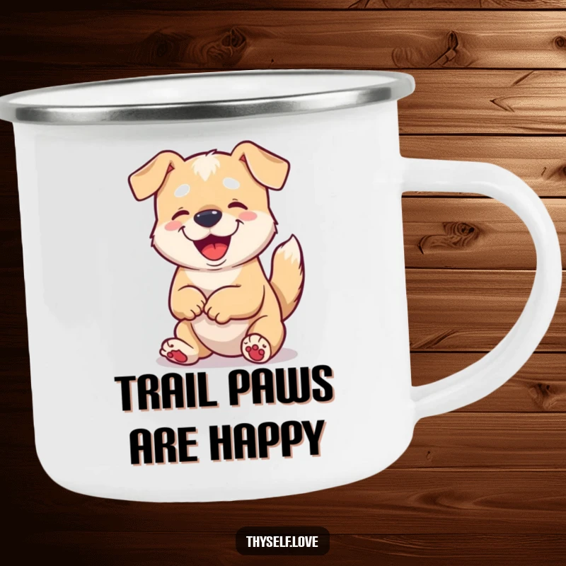 Funny camping mug featuring a content dog wagging its tail and admiring its paws, durable for all your adventures.
