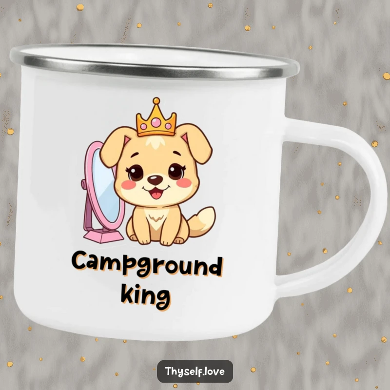 Funny dog camping mug with a cheerful dog wearing a crown, looking into a mirror, perfect for royal outdoor excursions.