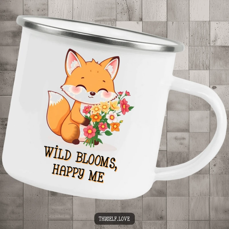 Funny Camping Mug: A fox artistically arranging a bouquet of flowers just for itself, depicted on a durable mug for outdoor enjoyment.