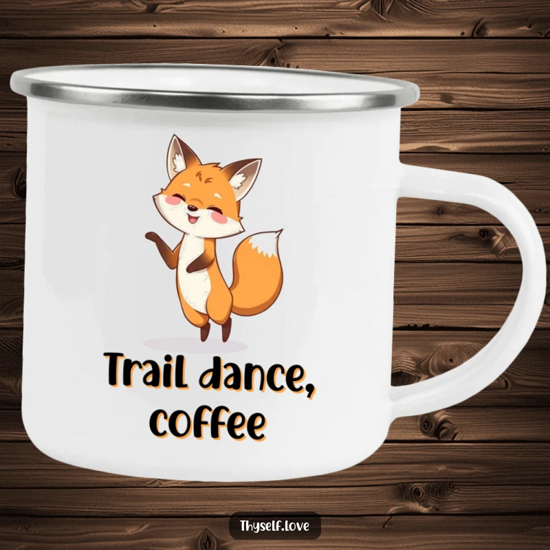 Funny enamel camping mug with a playful fox dancing with its shadow, bringing whimsical, humorous charm to outdoor settings.