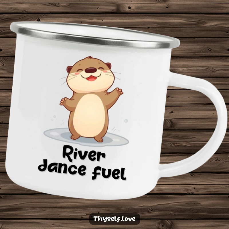 Funny camping mug featuring a giggling otter dancing joyfully beside a puddle, durable for all your adventures.