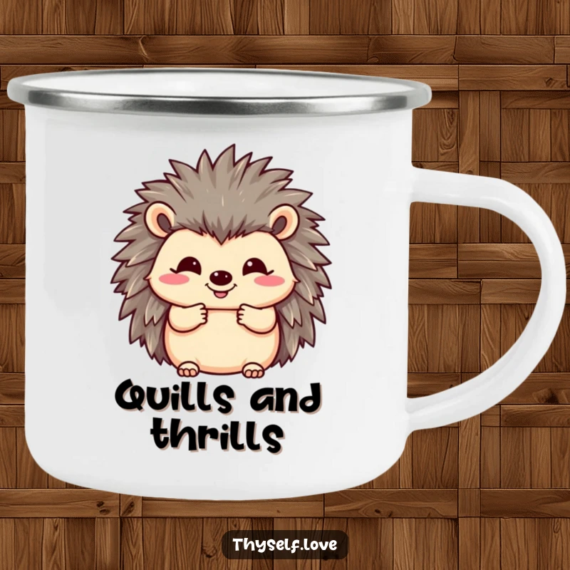 Funny enamel camping mug featuring a happy hedgehog fluffing its quills with a smile, built for adventure and cute humor.