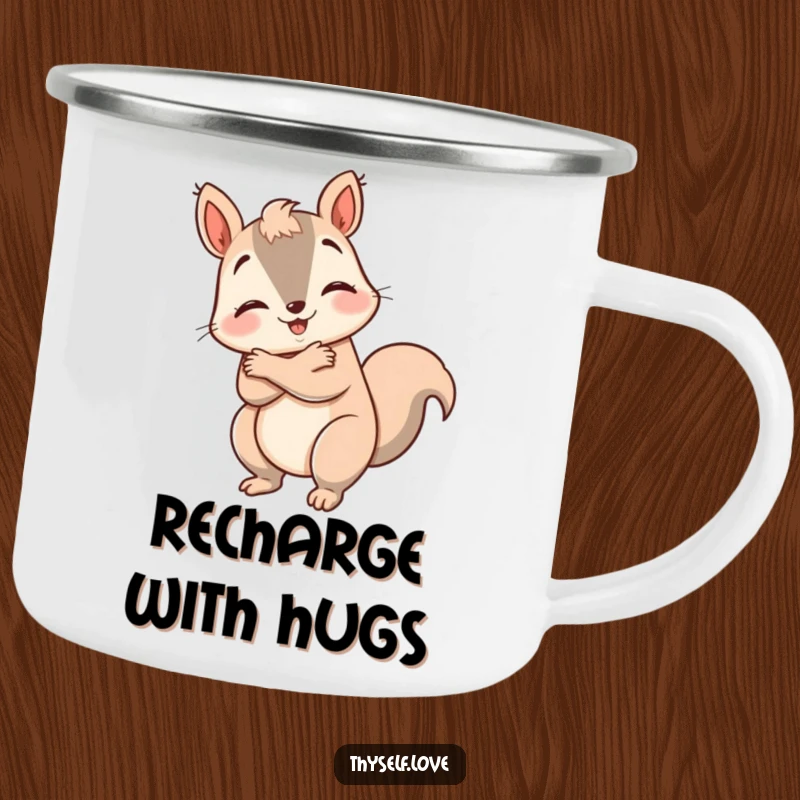Funny happy squirrel camping mug, giving itself a big hug, durable and comforting for outdoor use. A humorous choice.