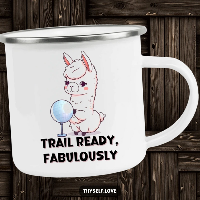 Funny llama camping mug showing a cute llama reflecting in a disco ball, perfect for outdoor adventures and self-appreciation.