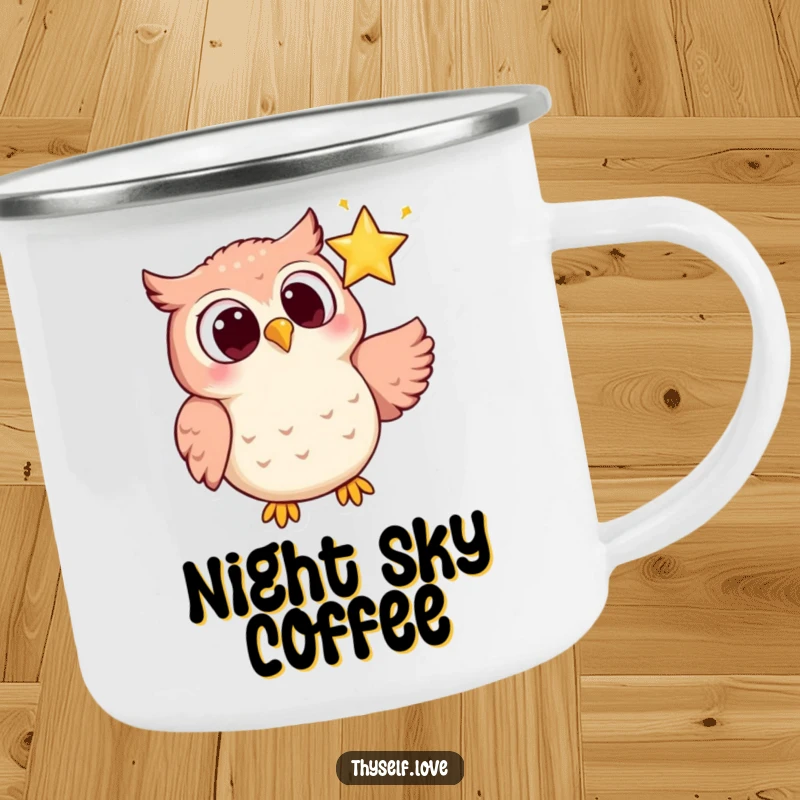 Funny camping mug with a joyful owl, wide-eyed, looking lovingly at a sparkling star, perfect for night adventures.