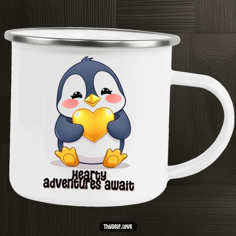 Funny Camping Mug: A cheerful penguin polishes a golden heart, ready for coffee on any trail with a loving touch.