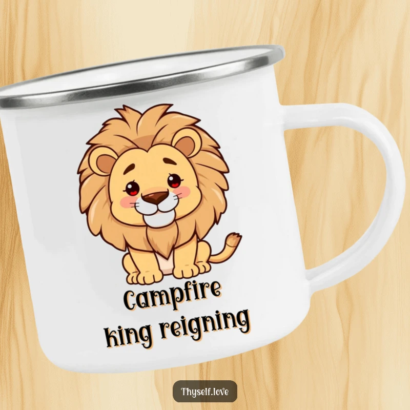 Funny camping mug, proud lion smoothing mane, outdoor majesty, regal confidence, durable and stylish, ideal funny gift.