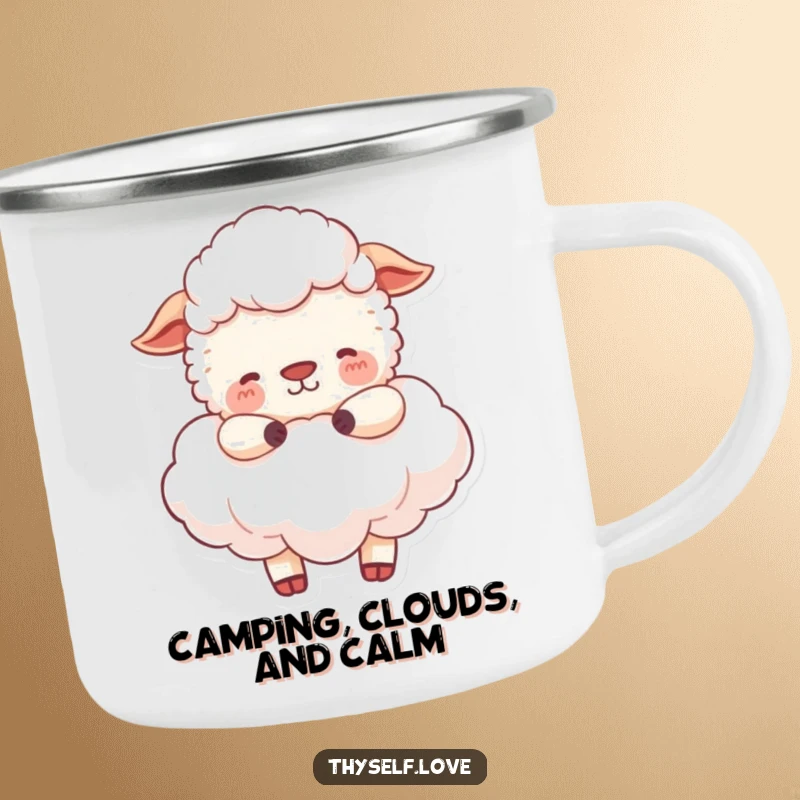Funny Camping Mug: A happy sheep peacefully embraces a fluffy cloud, perfect for warm drinks amidst nature's calm.