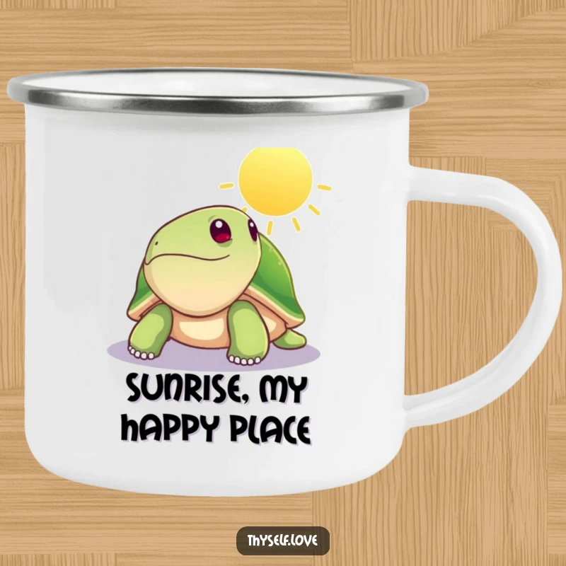 Funny camping mug showcasing a happy turtle basking in a sunbeam, perfect for holding warm beverages outdoors. Hilariously rugged and fun.