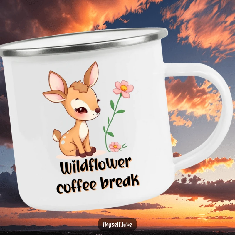 Funny camping mug showcasing a winking deer holding a picked flower, designed for durability and outdoor fun.