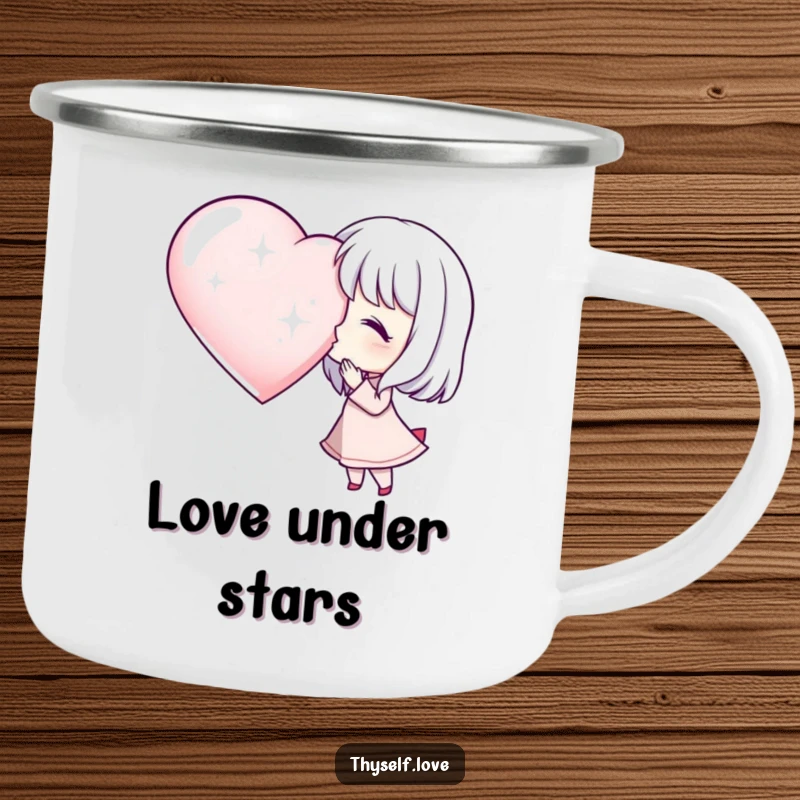 Funny Camping Mug: A character blows a kiss to a sparkling heart, a humorous and durable vessel for outdoor romance.