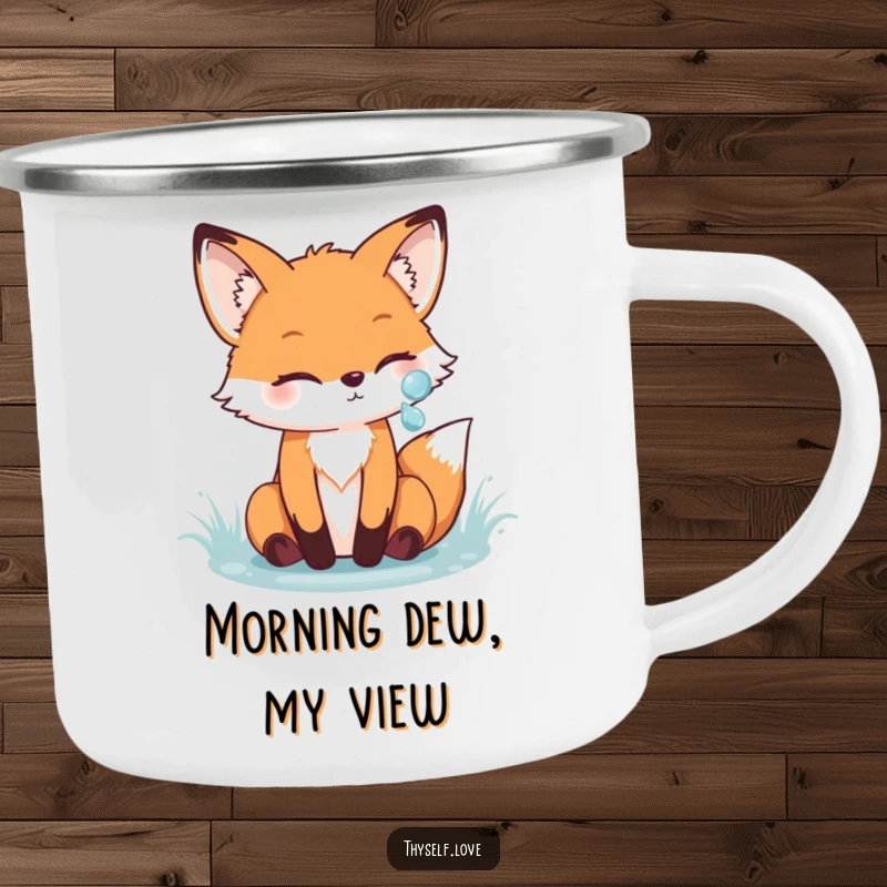 Funny fox camping mug featuring a cheerful fox admiring its reflection in a sparkling dewdrop, ready for outdoor fun and nature-inspired humor.