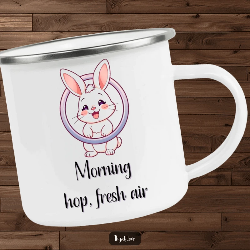 Funny camping mug featuring a bunny admiring its reflection in a mirror, great for outdoor beverages.