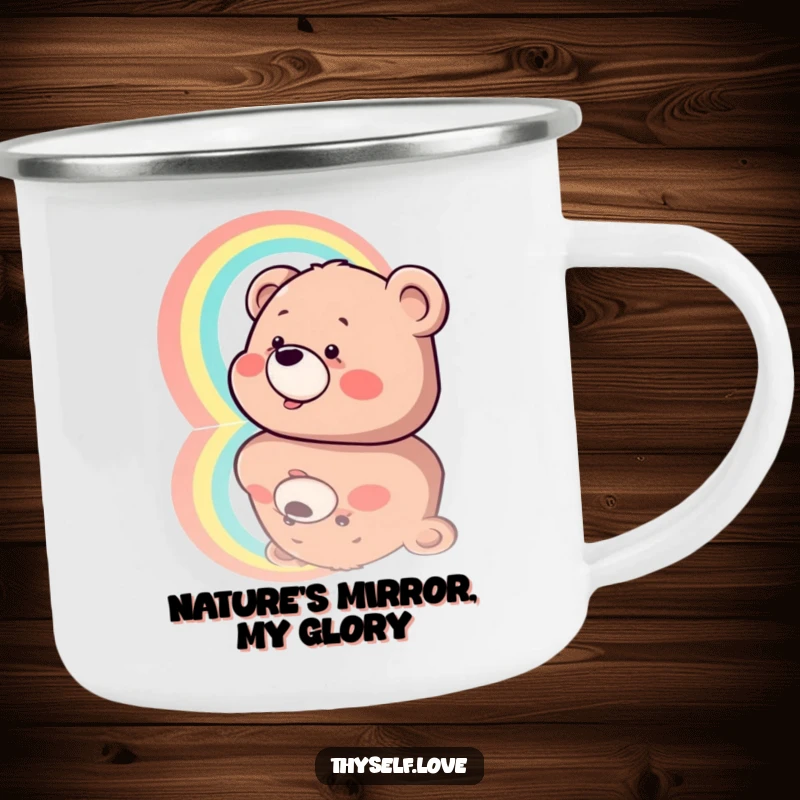 Funny Camping Mug: A rugged mug with a bear discovering a rainbow in its reflection, perfect for outdoor humor and warm drinks.