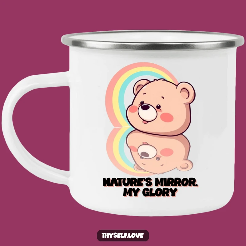 Funny Giggling Bear Rainbow Reflection Camping Mug, Adventure & Humor Outdoors