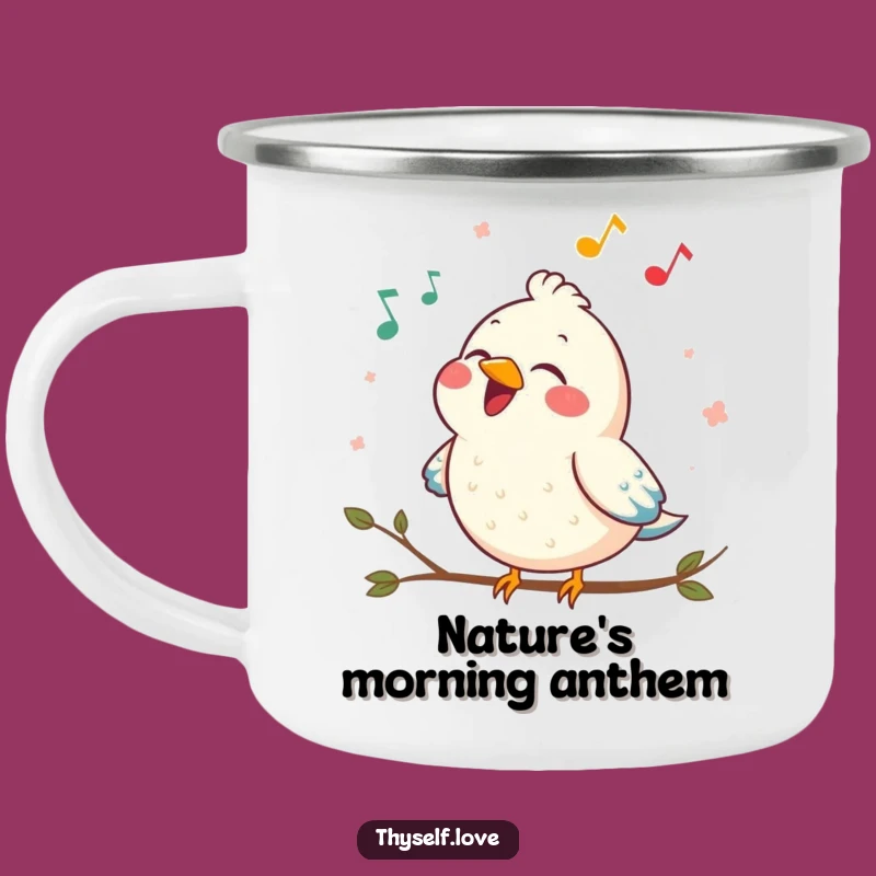 Funny Contented Bird Camping Mug: Joyful Song Enamel Mug, Rugged & Humorous Gift