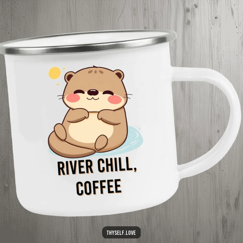 Funny enamel camping mug with a relaxed otter floating on its back, soaking up the sun, embodying outdoor chill and humor.