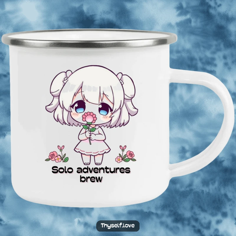 Funny Camping Mug: Character offers a flower to its shadowy double, a humorous embrace of solitude and self-care.