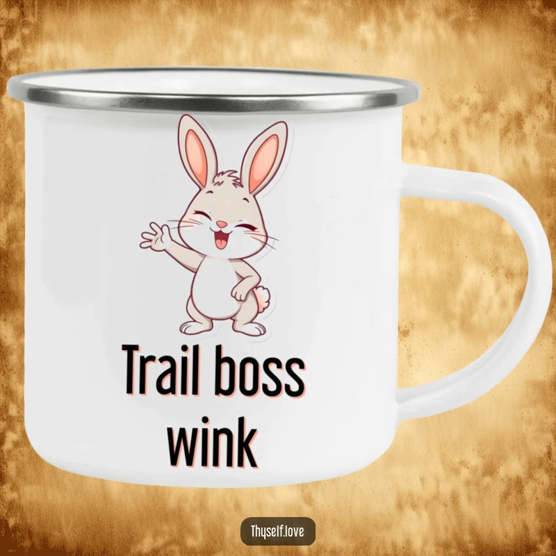 Funny camping mug with a cheerful bunny in a confident pose, winking, perfect for outdoor adventures.